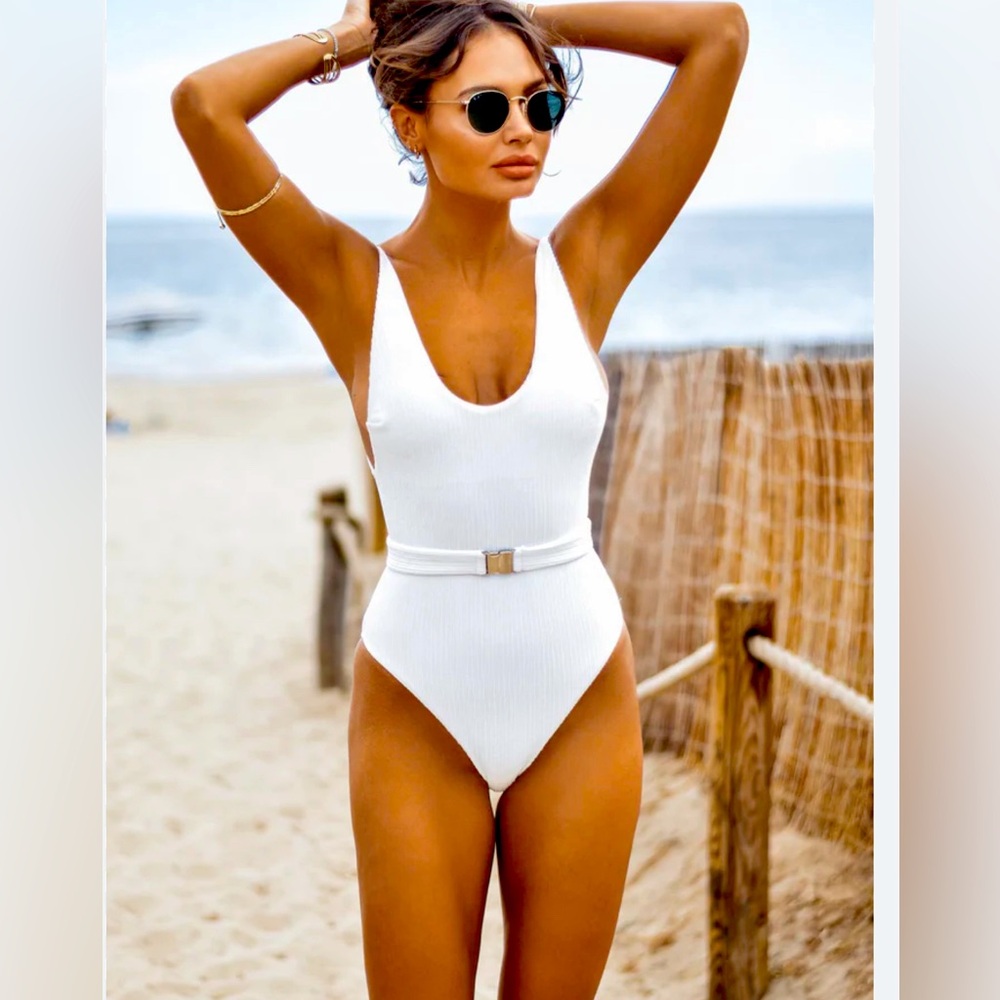 The Leigh White One Piece Belted Swimsuit- Size Large